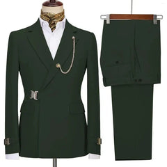 A dark green slim fit two-piece men's suit featuring a blazer with a decorative chain and buckle.