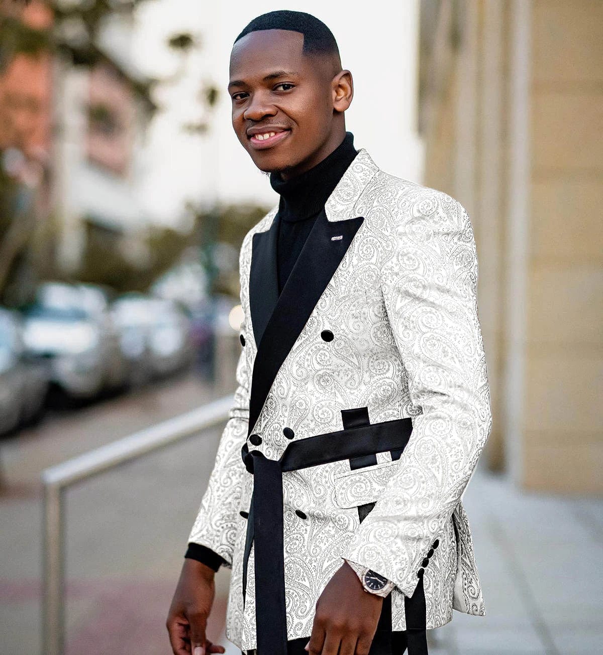 NCDIMS men's 2-piece jacquard suit by SHOWLU FASHION STORE, tailored slim fit tuxedo with double-breasted blazer, peaked lapel, and belt.