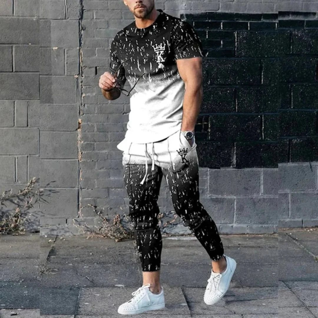 SHOWLU FASHION STORE Men's Trousers Tracksuit 2 Piece Set 3D Printed Summer Jogger Sportswear Short Sleeve T Shirt+Long Pants Casual Street Clothes