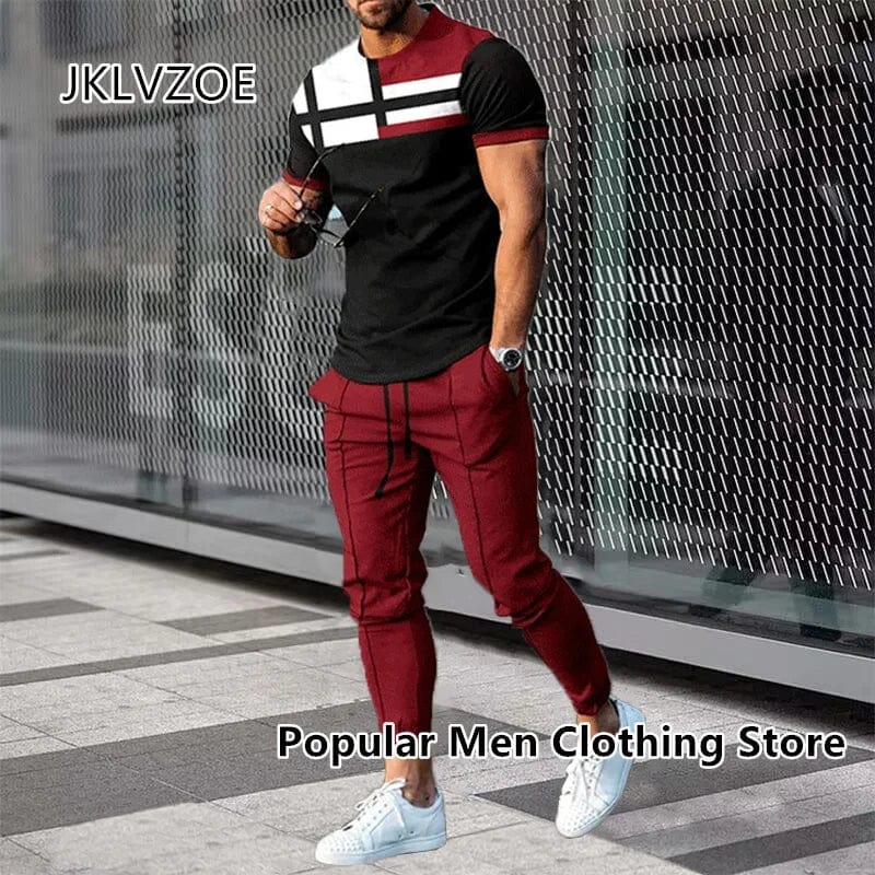 SHOWLU FASHION STORE Men's Trousers Tracksuit 2 Piece Set 3D Printed Summer Jogger Sportswear Short Sleeve T Shirt+Long Pants Casual Street Clothes