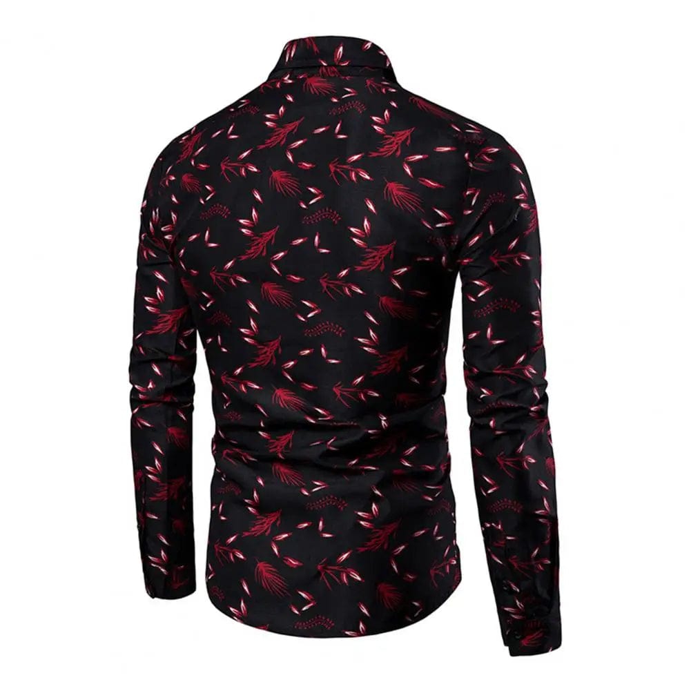 SHOWLU FASHION STORE Men Shirt Leaf Print Single-breasted Streetwear Slim-fitting Buttoned Shirt for Spring Summer Autumn Winter