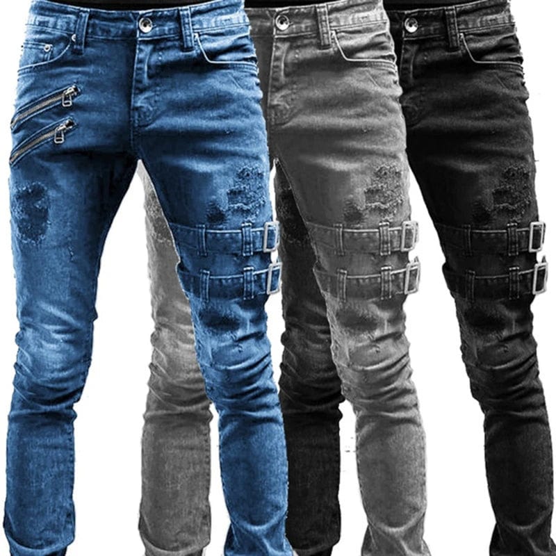  Showlu Fashion Store Men Slim Biker Ripped Long Denim Trousers Skinny Jeans Pocket Side Straps and Zips Male Jogging Pants Destroyed Stretchy Pants