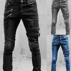  Showlu Fashion Store Men Slim Biker Ripped Long Denim Trousers Skinny Jeans Pocket Side Straps and Zips Male Jogging Pants Destroyed Stretchy Pants