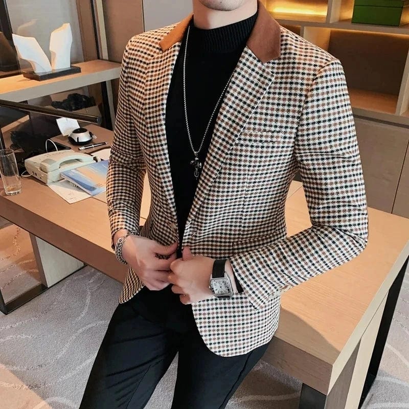  Showlu Fashion Store Men Spring High Quality Plaid Business Suit Jackets/Male Slim Fit Luxury Office Tuxedo/Man Brand Clothing Fashion Blazers 4XL-M