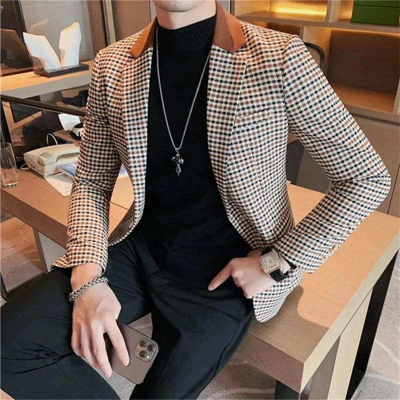  Showlu Fashion Store Men Spring High Quality Plaid Business Suit Jackets/Male Slim Fit Luxury Office Tuxedo/Man Brand Clothing Fashion Blazers 4XL-M