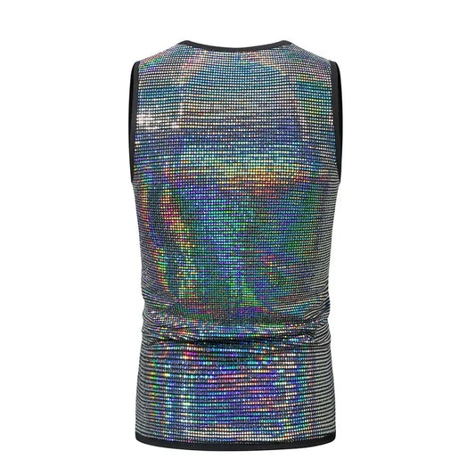 SHOWLU FASHION STORE Men Summer Shiny Gold Sequin Dazzling Tank Tops Outfit Glitter Vest Nightclub Sleeveless Shirt  Party Simple O-Neck Male Vest