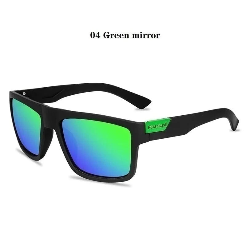 Black square-framed polarized sunglasses with green mirror lenses and a green side accent.