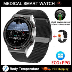 Showlu Fashion Store Mesh belt Black Accurate Measure ECG+PPG Smart Watch Men Healthy Monitoring Blood Pressure Body Temperature Sport Smartwatch For Android IOS