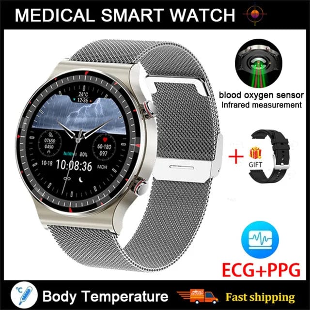 Showlu Fashion Store Mesh belt Silver Accurate Measure ECG+PPG Smart Watch Men Healthy Monitoring Blood Pressure Body Temperature Sport Smartwatch For Android IOS