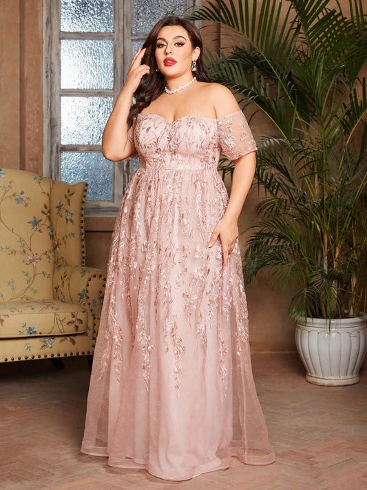 SHOWLU FASHION STORE Mgiacy plus size Line neck short sleeve romantic embroidered lace long skirt Evening gown ball dress Party dress