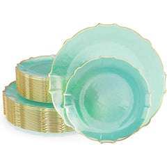  Showlu Fashion Store Mint Gold Rim / United States Tinted Plates 80 Piece Plastic Disposable Plates for Party Set For 40 Guests 40 X 7.5 Dessert Plates & 40 X 10 Thin Delicate