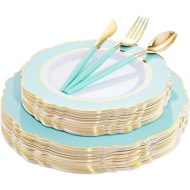 Showlu Fashion Store Mint Green / United States / 30Guest 30Guest Green Plastic Plates - Gold Plastic Silverware With Green Handle - Christmas Plates Disposable - Baroque Green