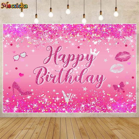  Showlu Fashion Store Mocsicka Glitter Women Birthday Backdrop Ballon High Heel Rose Gold Girl Birthday Party Photo Background Custom Banner Photocall