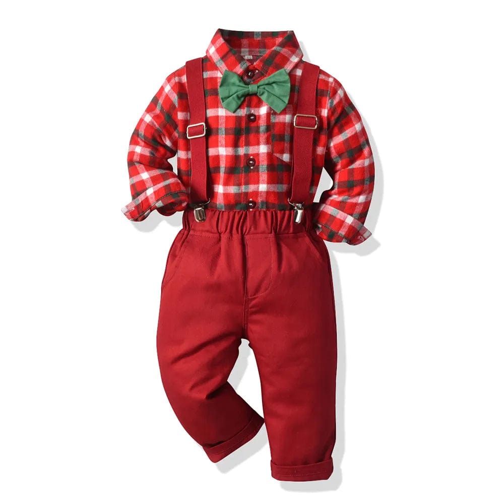 Showlu Fashion Store Model 2 / CHINA / 1T Boutique Boy Christmas Outfit Baby Boys Dress Suit Plaid Shirt Pants Bowtie Formal Set Kids Boys Clothes Winter Festival Costume