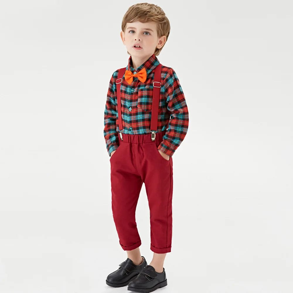 Showlu Fashion Store Model 4 / CHINA / 1T Boutique Boy Christmas Outfit Baby Boys Dress Suit Plaid Shirt Pants Bowtie Formal Set Kids Boys Clothes Winter Festival Costume