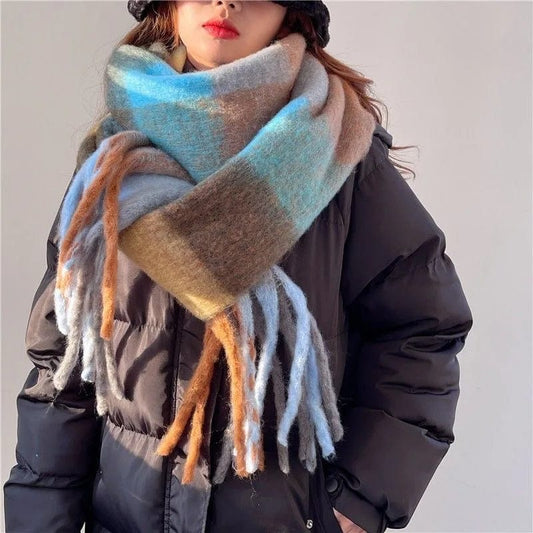  Showlu Fashion Store Mohair Rainbow Winter Plaid Cashmere Scarf Shawl Wrap Chequered Scarves Necks Warm Long Tassel Thicker bufanda invierno mujer