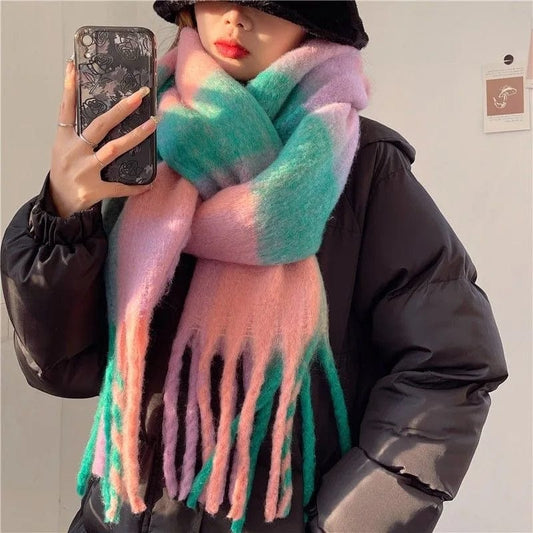  Showlu Fashion Store Mohair Rainbow Winter Plaid Cashmere Scarf Shawl Wrap Chequered Scarves Necks Warm Long Tassel Thicker bufanda invierno mujer