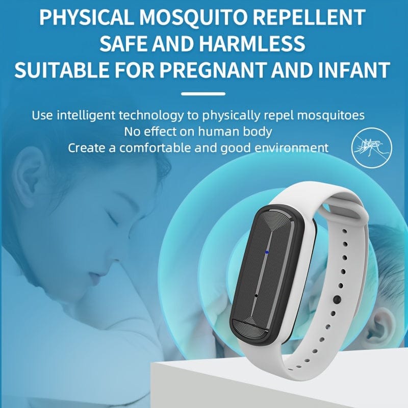 Showlu Ultrasonic Mosquito Repellent Band on a wrist, USB rechargeable electronic watch for outdoor mosquito prevention.