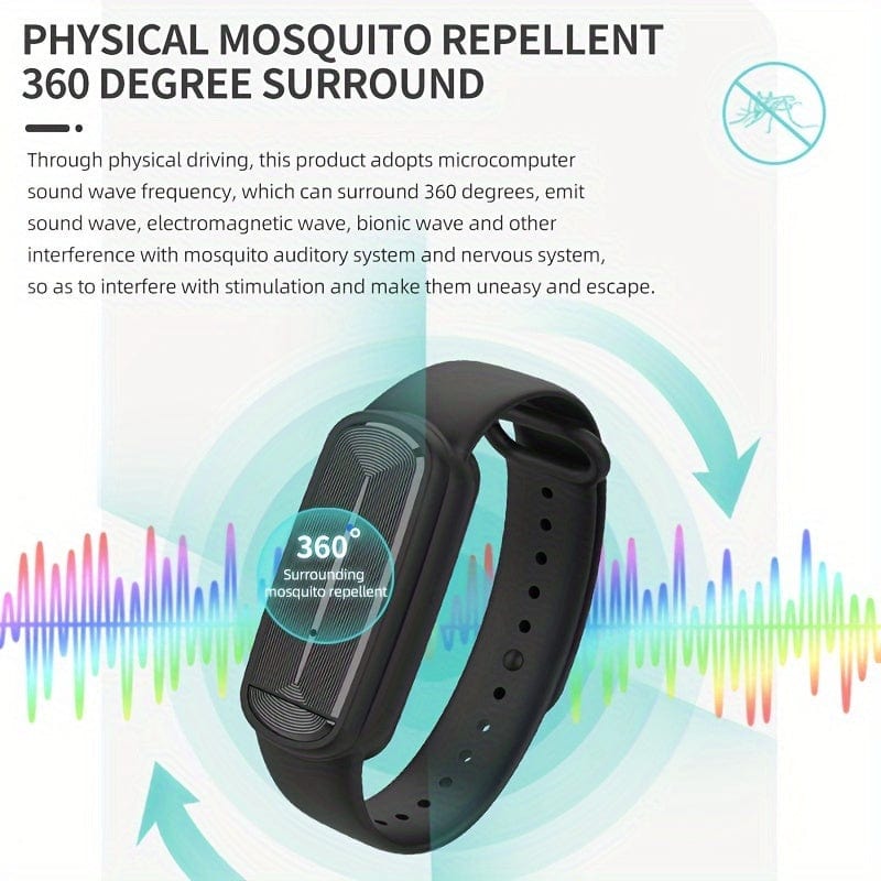 Showlu Ultrasonic Mosquito Repellent Band worn as a USB rechargeable watch, designed for outdoor mosquito prevention.