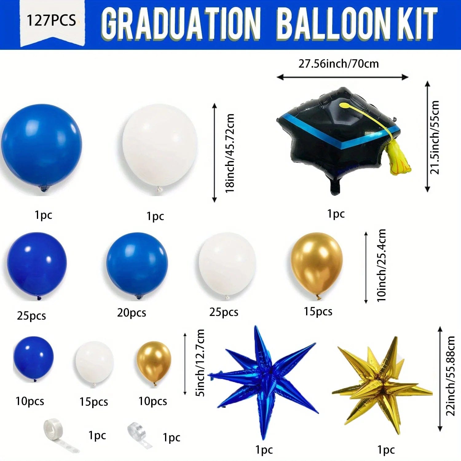 Showlu Fashion Store multi / Other 127pcs Royal Blue Gold Graduation Balloon Wreath Arch Set with Graduation Hat 2024 Graduation Ball Birthday Party Decoration