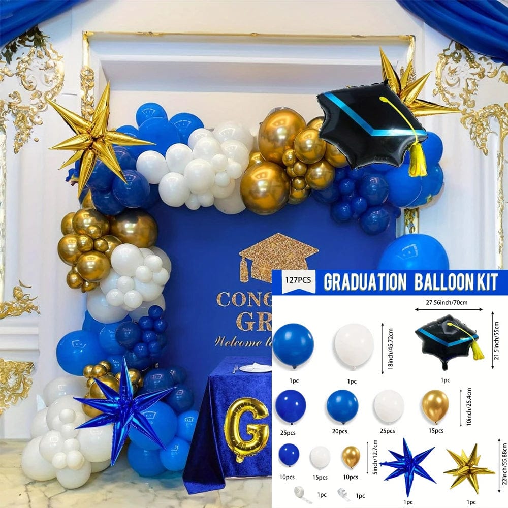 Showlu Fashion Store multi / Other 127pcs Royal Blue Gold Graduation Balloon Wreath Arch Set with Graduation Hat 2024 Graduation Ball Birthday Party Decoration