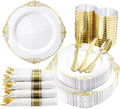 Showlu Gold-Plated Embossed PS Plastic Tableware Set with plates, knives, forks, and spoons for parties, 120-piece disposable tableware set