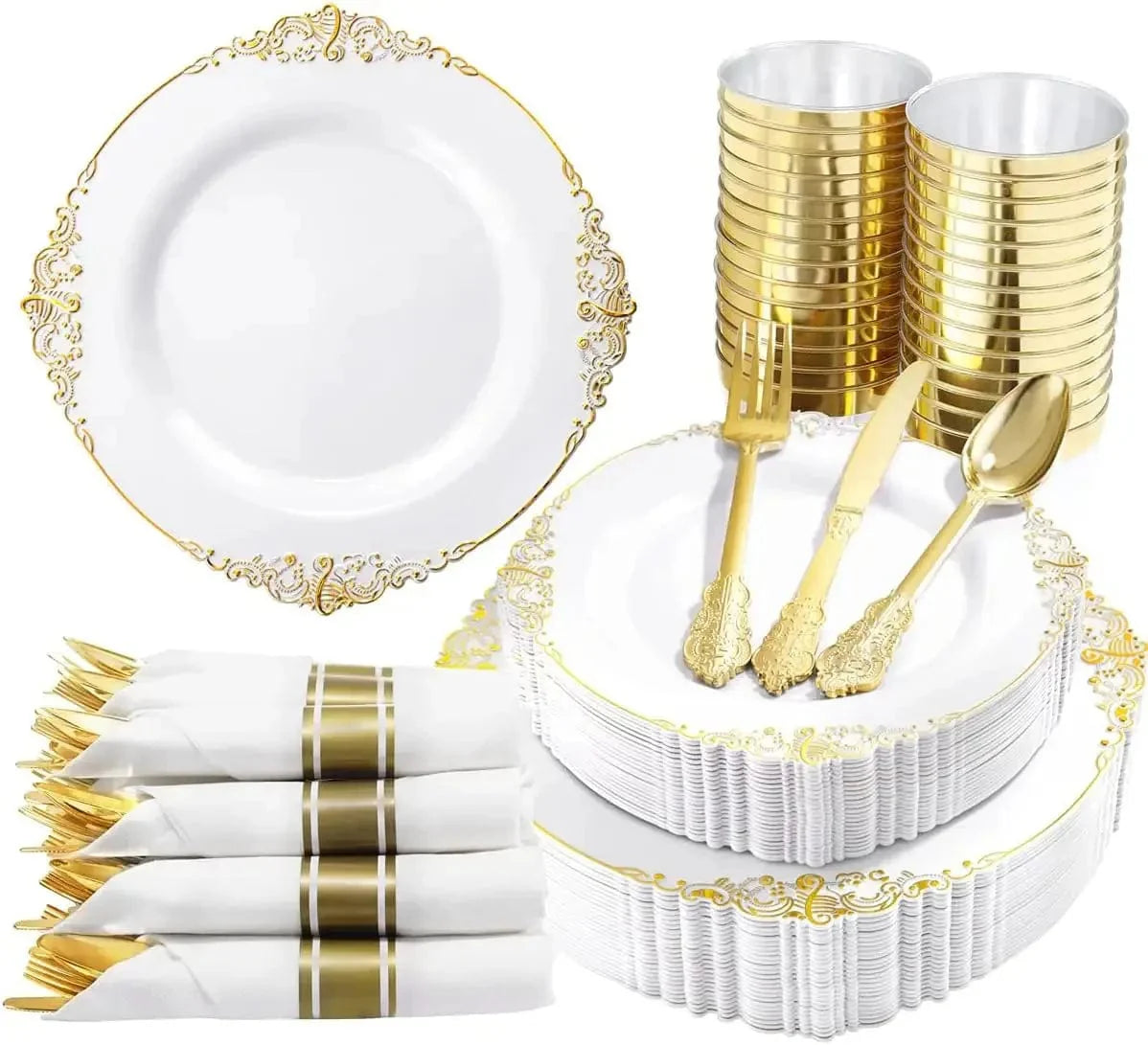 Showlu Gold-Plated Embossed PS Plastic Tableware Set with plates, knives, forks, and spoons for parties, 120-piece disposable tableware set