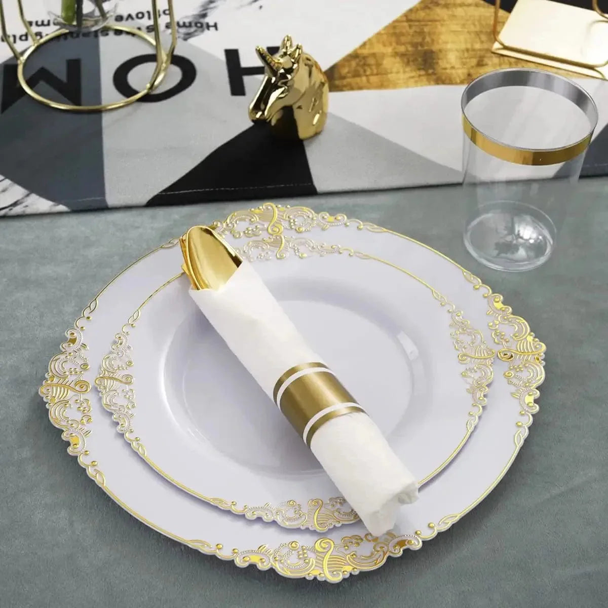 Gold-plated embossed PS plastic tableware set with plates, knives, forks, and spoons for parties, 120-piece Showlu Fashion Store product.