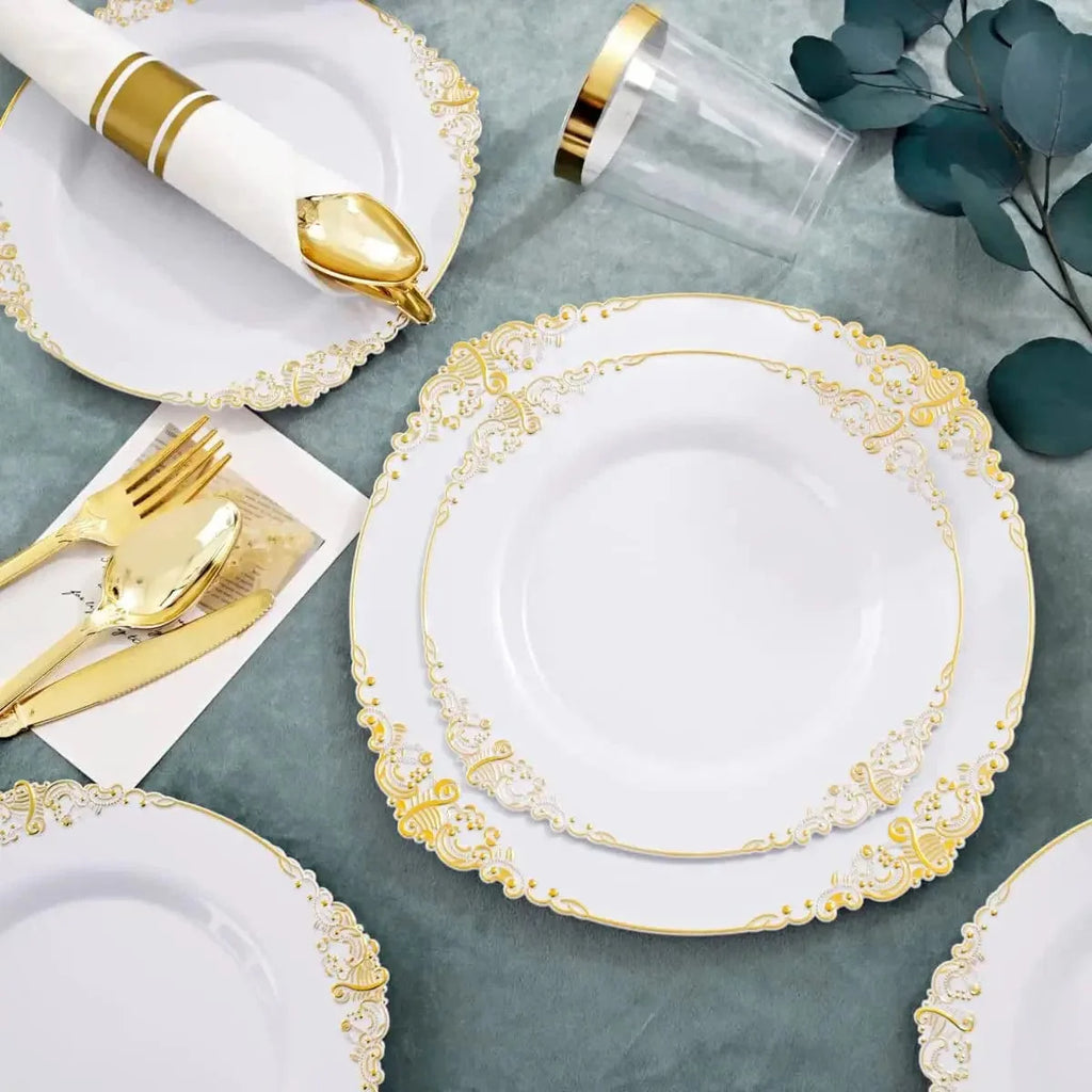 Gold-plated embossed PS plastic tableware set with plates, knives, forks, and spoons for parties, 120-piece Showlu Fashion Store collection.