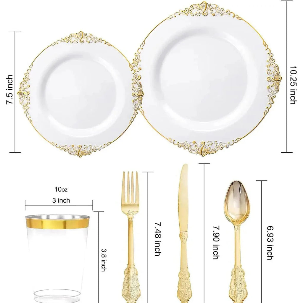 Gold-plated embossed PS plastic tableware set with plates, knives, forks, and spoons for parties, by Showlu Fashion Store.