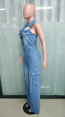  Showlu Fashion Store Multi Pockets Jeans Cargo Romper Sexy Women Turn Down Collar Elegant Denim Straight Overalls Jumpsuit