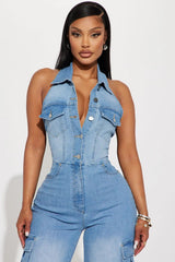  Showlu Fashion Store Multi Pockets Jeans Cargo Romper Sexy Women Turn Down Collar Elegant Denim Straight Overalls Jumpsuit