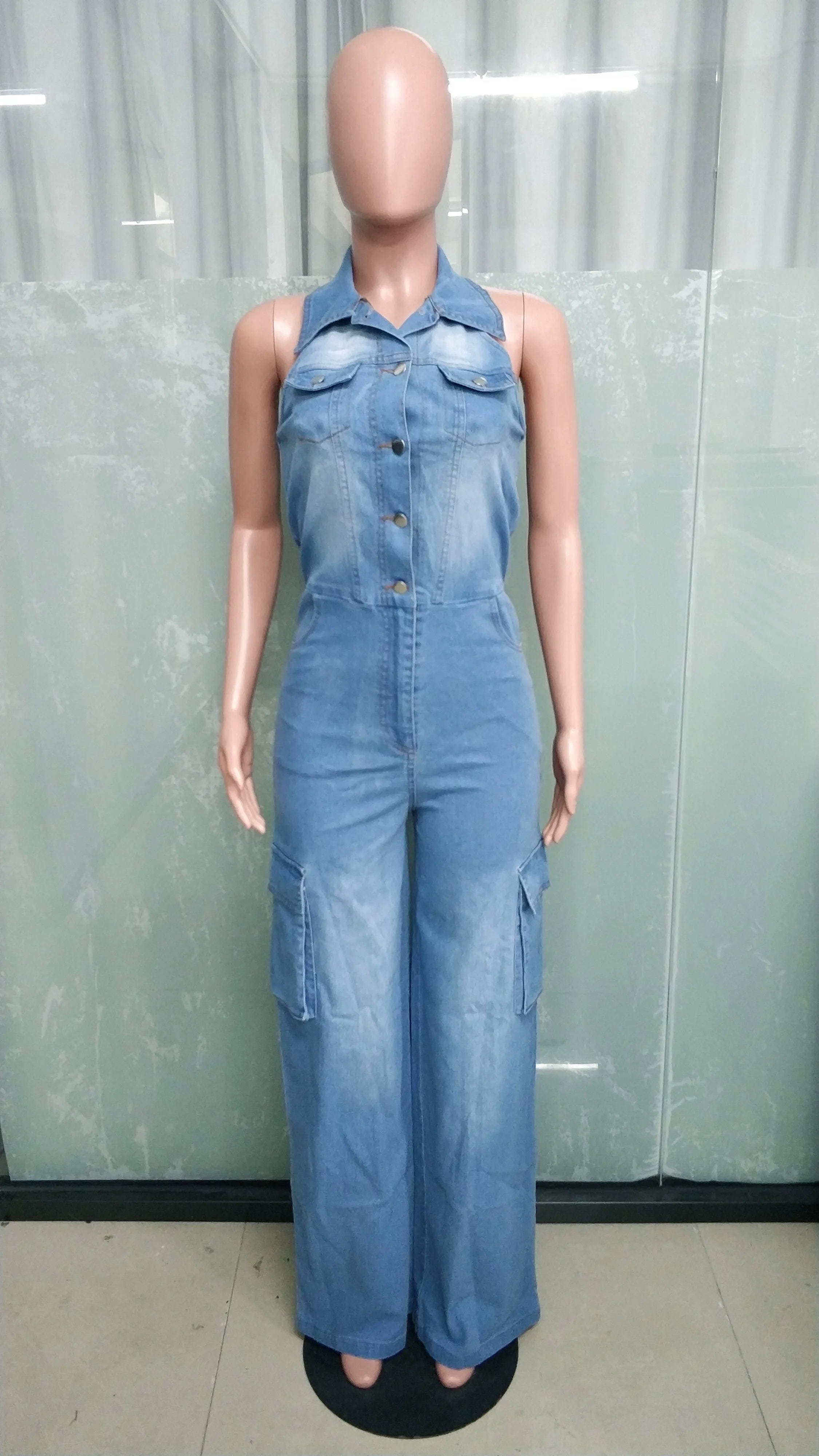  Showlu Fashion Store Multi Pockets Jeans Cargo Romper Sexy Women Turn Down Collar Elegant Denim Straight Overalls Jumpsuit