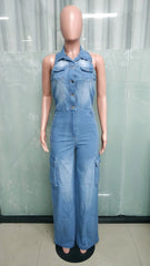  Showlu Fashion Store Multi Pockets Jeans Cargo Romper Sexy Women Turn Down Collar Elegant Denim Straight Overalls Jumpsuit