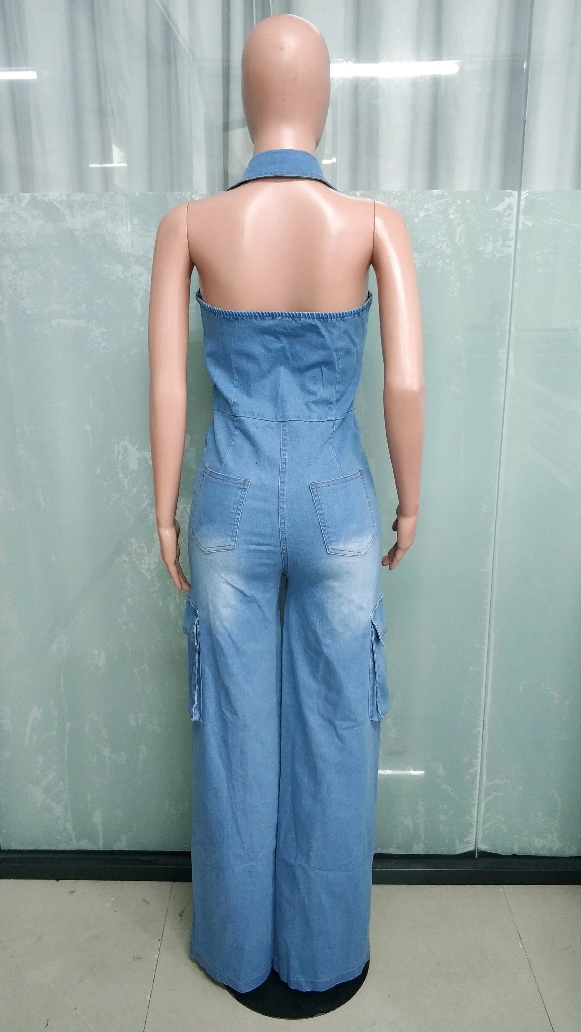  Showlu Fashion Store Multi Pockets Jeans Cargo Romper Sexy Women Turn Down Collar Elegant Denim Straight Overalls Jumpsuit