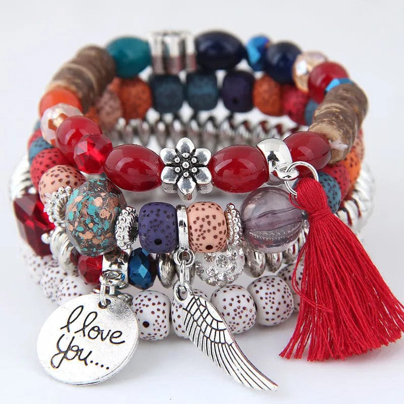  Showlu Fashion Store multi red DIEZI Bohemian Multicolor Pink Crystal Beads Bracelets Women Girls Elastic Tassel Wing Letters Rope Bracelet Pulseira Feminina