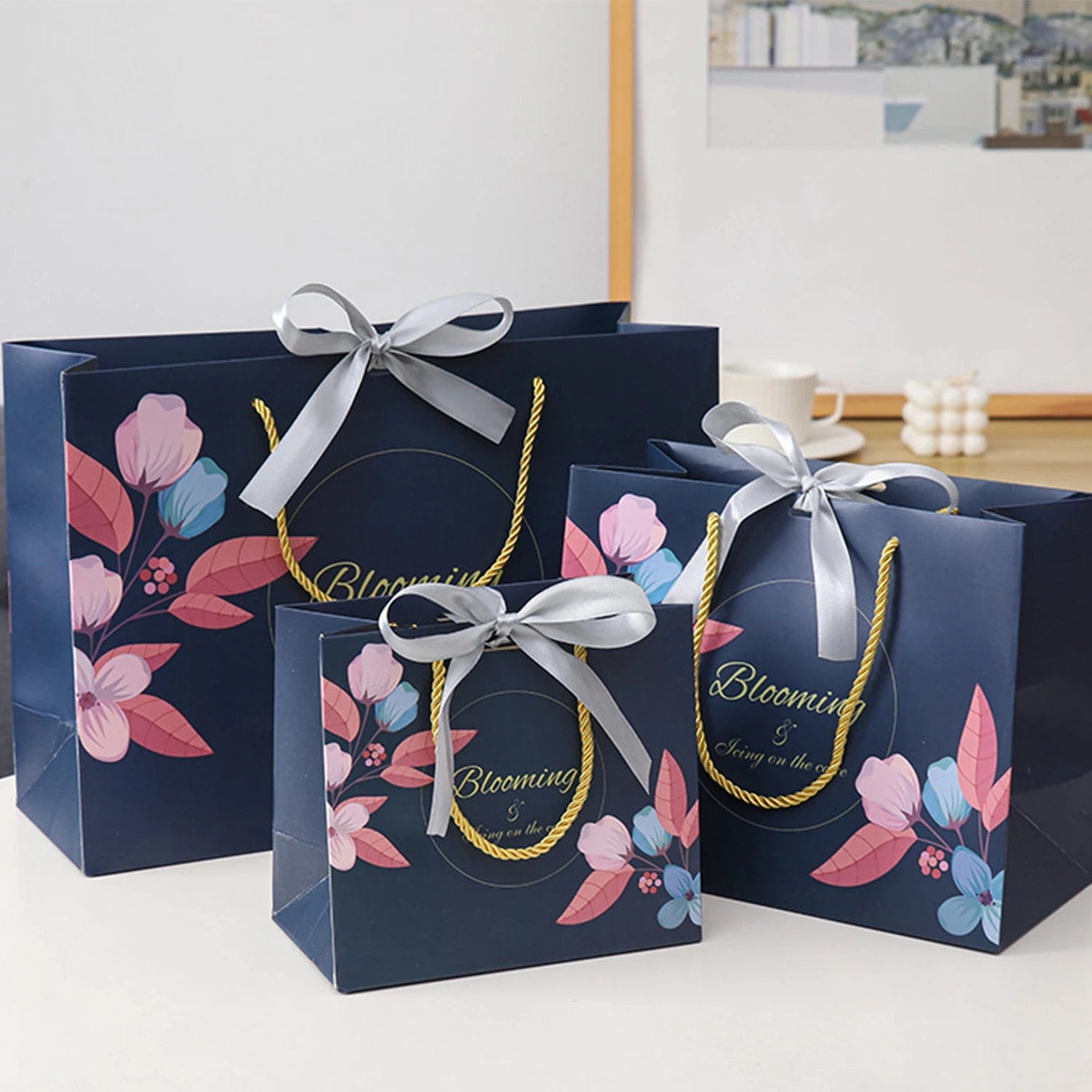 SHOWLU FASHION STORE Multi size Blue Paper gift Bags with handles Flower Pattern Shopping Package Bag New Year DIY Wedding Birthday Party Gift bags