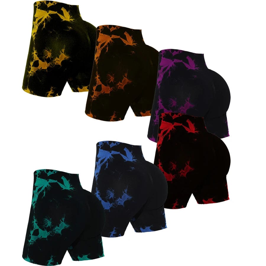 Showlu Fashion Store multicoloured / XL 6pcs Women's Seamless Tie-Dye Shorts, Hip Lifting & Tummy Tucking Yoga Gymnastics Cycling Sports Shorts