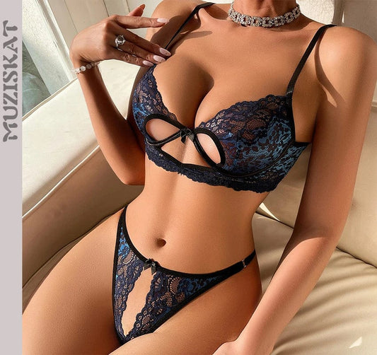  Showlu Fashion Store MUZISKAT 2024 New Women's Underwear Sets Fashion Color Collision Lace Hollow Low-Cut Erotic Lingerie Two-Piece Onlyfans