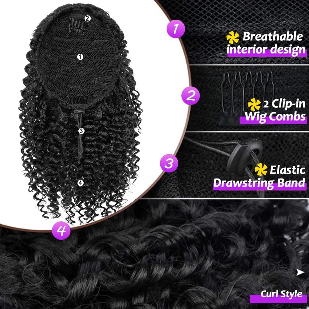 Showlu Fashion Store synthetic Afro kinky curly ponytail extension with drawstring, designed for short black women's afro hairstyles.