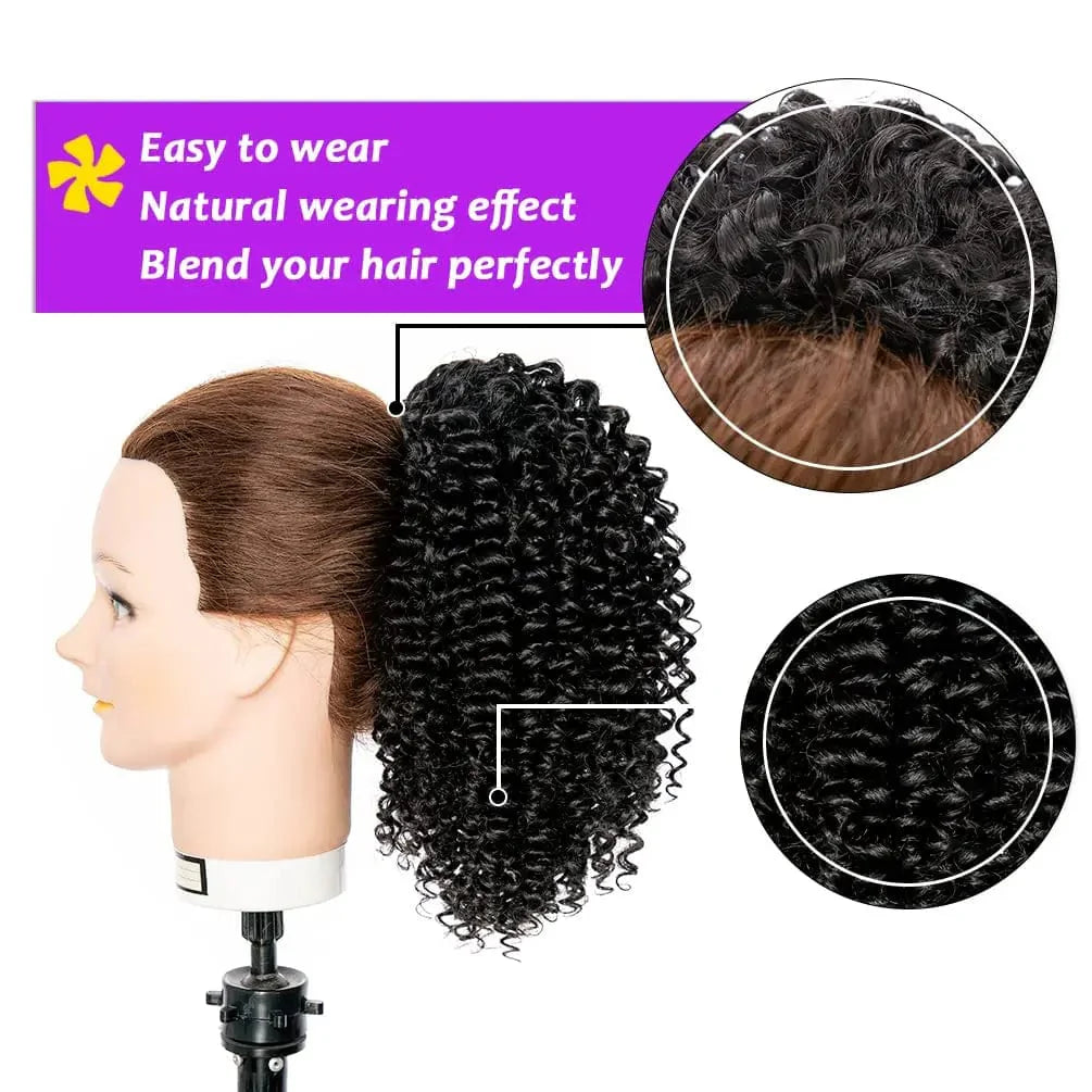 Showlu Fashion Store short afro kinky curly ponytail extension with drawstring for African and Black women, synthetic hair, natural look.