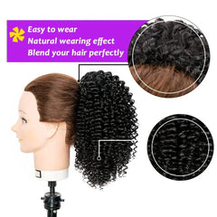 A mannequin head displays a short, black, kinky curly drawstring ponytail hair extension.