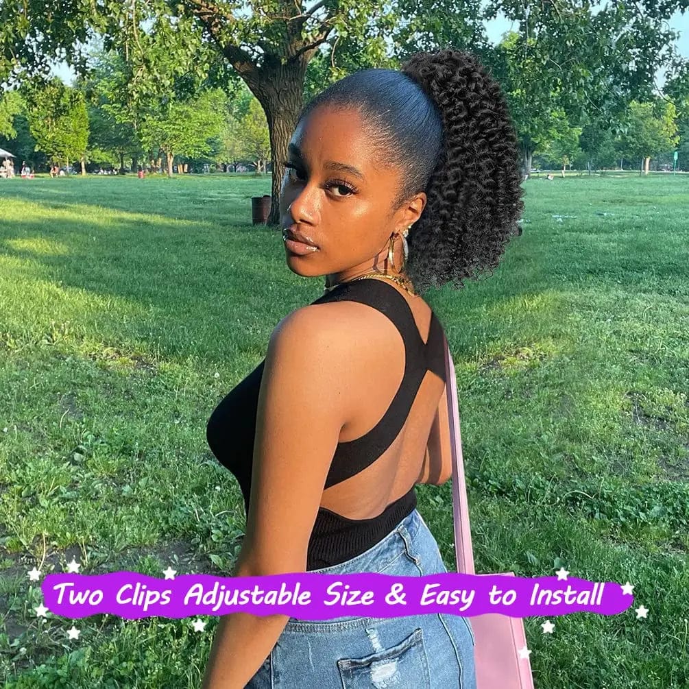 Showlu Fashion Store SP Short Afro Kinky Curly Ponytail Extension with drawstring, synthetic hair for black women’s natural curly hairstyle.