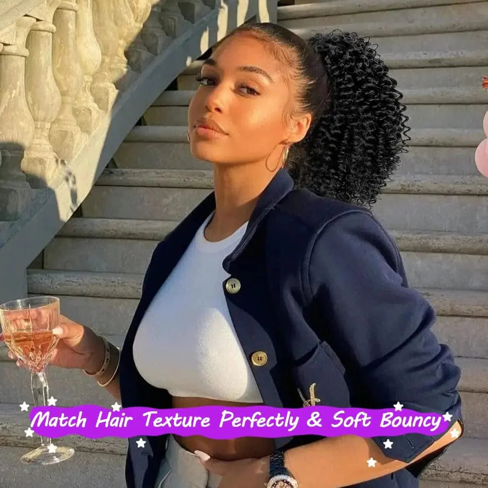 Showlu Fashion Store SP Short Afro Kinky Curly Ponytail Extension with drawstring, synthetic hair for African and Black women.