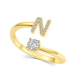 Showlu Fashion Store N A-Z Letter Initial Name Open Rings for Women Men  gold plated Zircon Stone Alphabet Rings Couple Friendship Jewelry Gift