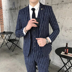 Showlu Fashion Store navy 1 / Asian XXL is US S 2023 Fashion New Men's Leisure Boutique Business Plaid Slim Suit 3 Pcs Set / Male Linen Striped Dress Blazers Jacket Pants Vest