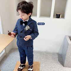 Showlu Fashion Store navy / 4T Children's Flormal Plaid Dress Suit Set Baby Boy Autumn Wedding Party Banquet Costume Kids Double Breasted Blazer Pants Bowtie