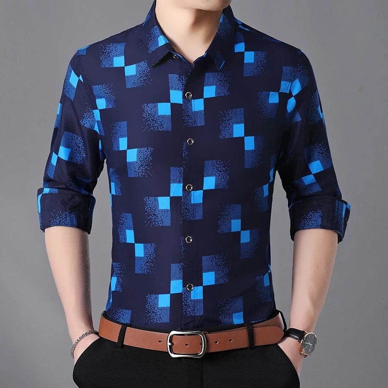  Showlu Fashion Store Navy / 6XL     93 to 103kg Plaid Shirts Men Fashion 2023 New Autumn Button Down Long Sleeve Casual Social Shirt Business Office Plus Size 7XL