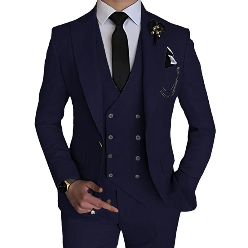 Showlu Fashion Store navy / Asian 3XL is US L 2023 Fashion New Men Leisure Boutique Business Solid Color Wedding Suit Coat Pants Vest 3 Pcs Set Dress Blazers Jacket Trousers