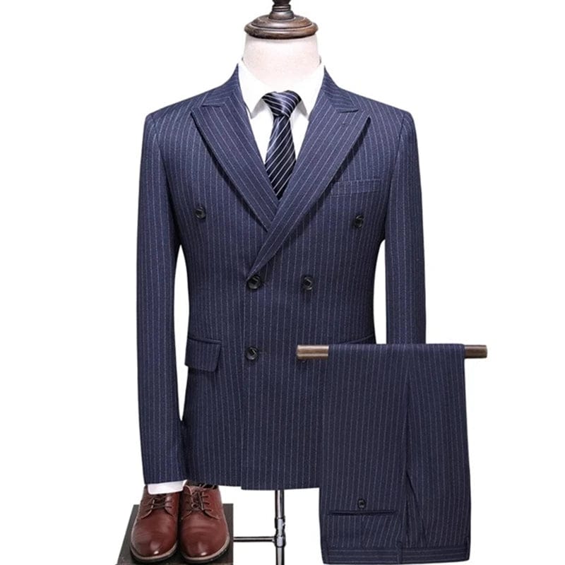 SHOWLU FASHION STORE navy / Asian XXL is Eur L Fashion New Men Double Breasted Plaid Suit Coat Pants 2 Pcs Set / Male Slim Fit Business Wedding Blazers Jacket Trousers